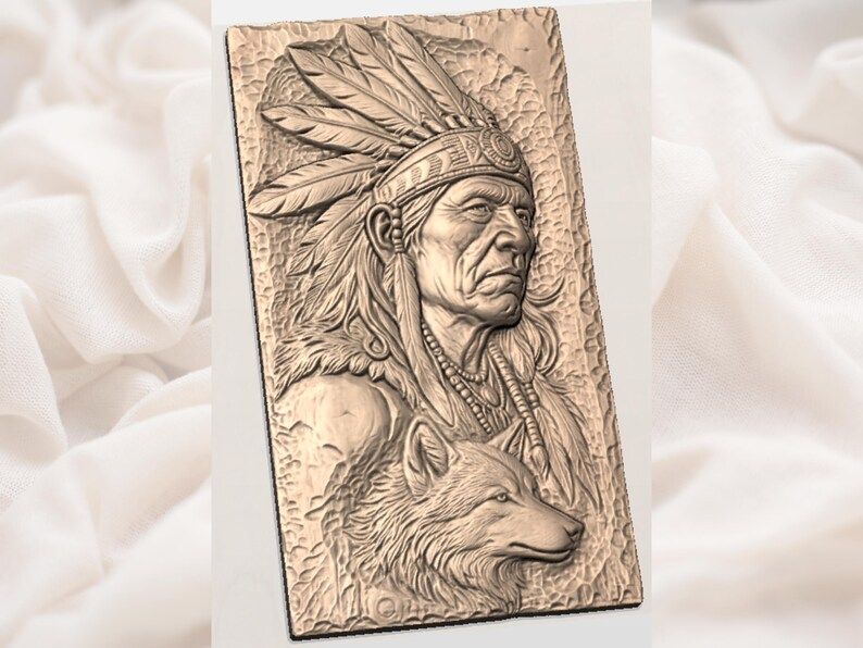 Native Chief and Wolf Bas-Relief STL with Feather Headdress bas-relief STL — view 3