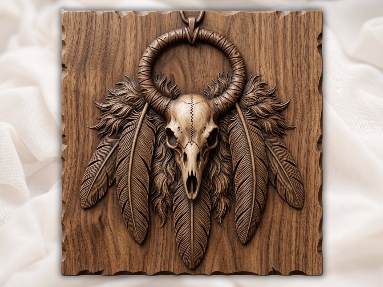 Tribal Shaman Skull and Feathers CNC Relief STL bas-relief STL — view 3