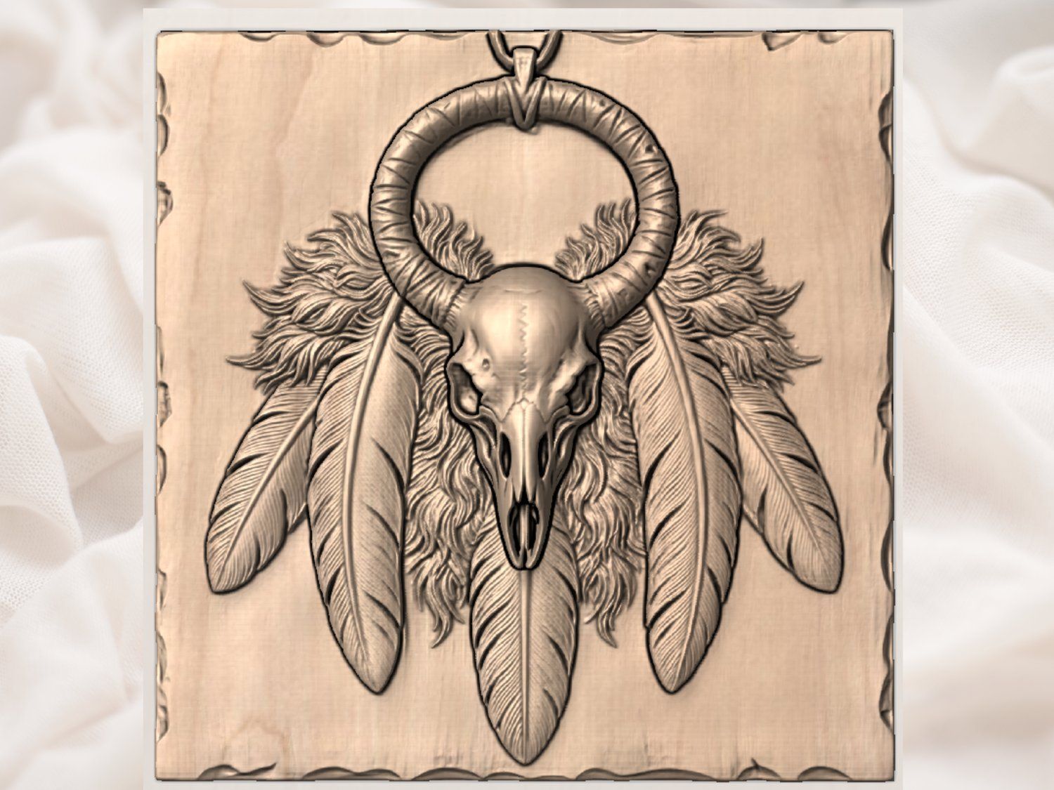 Tribal Shaman Skull and Feathers CNC Relief STL bas-relief STL — view 5