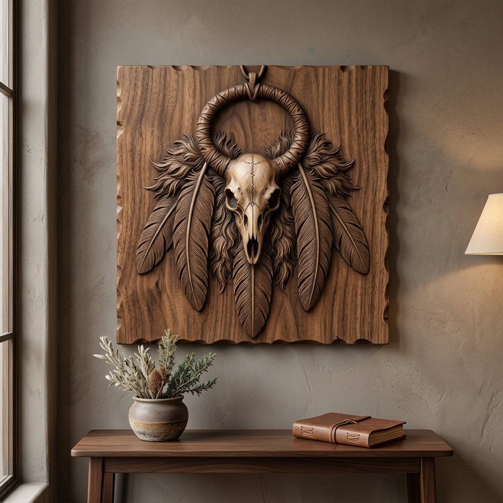 Tribal Shaman Skull and Feathers CNC Relief STL bas-relief STL — view 6