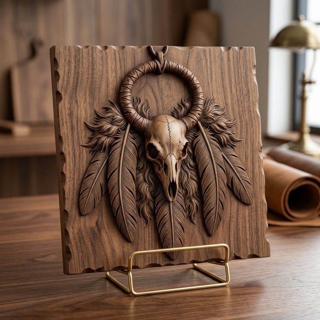 Tribal Shaman Skull and Feathers CNC Relief STL bas-relief STL — view 7