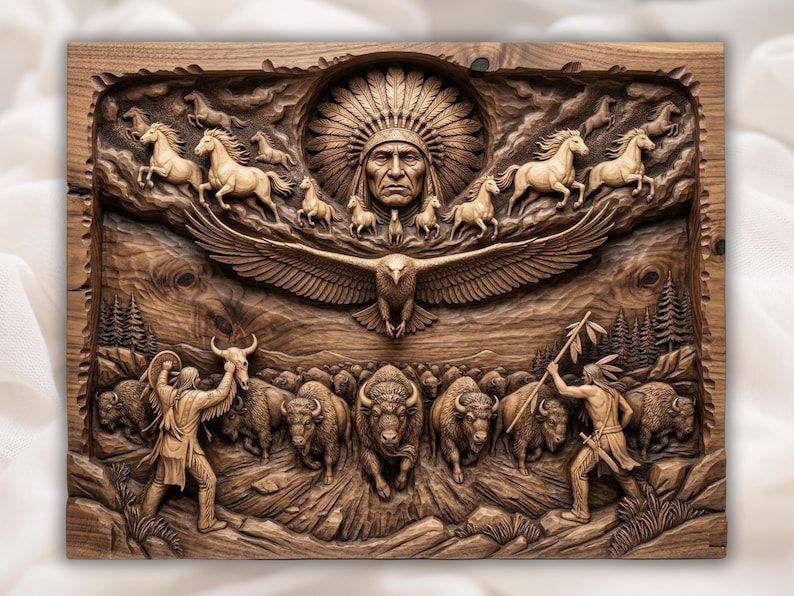 Carved wood relief of a Native American chief, soaring eagle, running horses, and a buffalo hunt scene.
