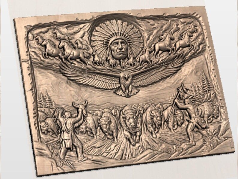 Plains Spirit Scene STL: Chief, Eagle, Horses and Buffalo Hunt bas-relief STL — view 2
