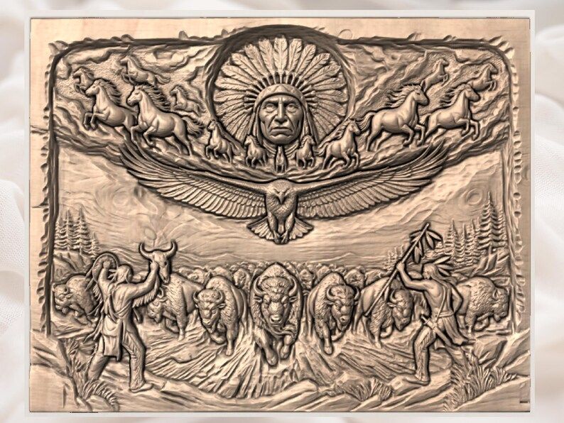Plains Spirit Scene STL: Chief, Eagle, Horses and Buffalo Hunt bas-relief STL — view 3