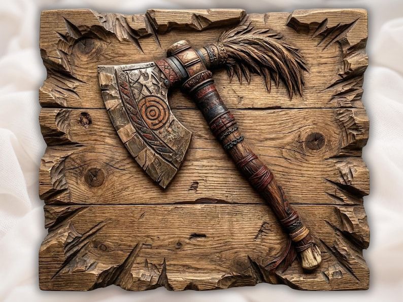 Bas-relief carving of a tribal tomahawk axe with engraved blade, wrapped handle, and feather on cracked wood planks
