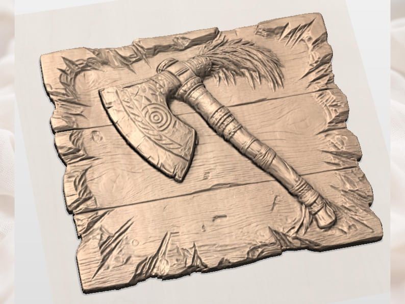 Tribal Tomahawk Axe Bas-Relief STL with Feather and Carved Blade bas-relief STL — view 2