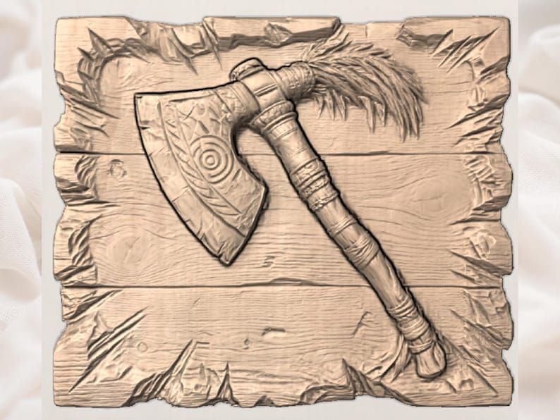 Tribal Tomahawk Axe Bas-Relief STL with Feather and Carved Blade bas-relief STL — view 3