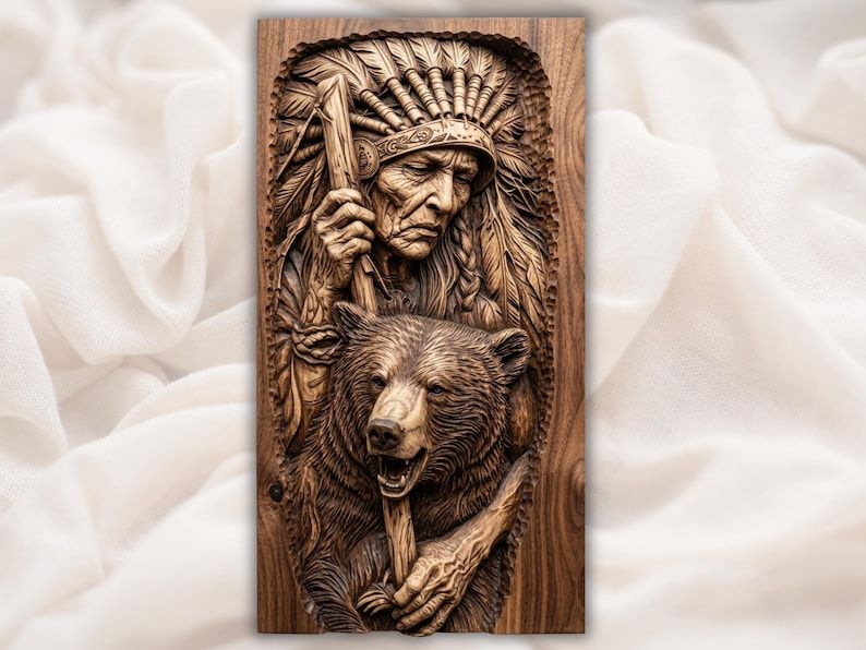 Carved relief of a Native American elder in a feather headdress holding a staff above a grizzly bear head