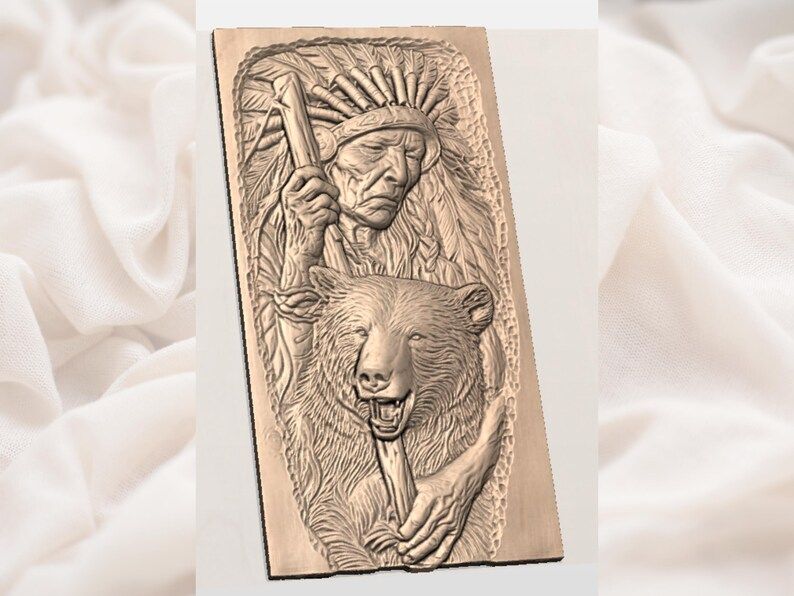 Elder Chief and Grizzly Bear Bas-Relief STL for CNC bas-relief STL — view 2