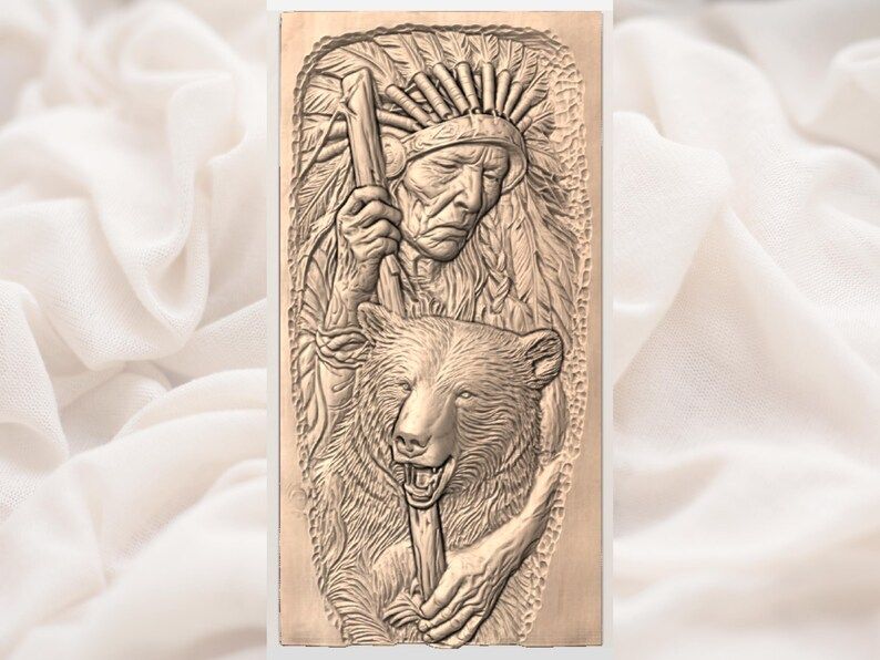 Elder Chief and Grizzly Bear Bas-Relief STL for CNC bas-relief STL — view 3