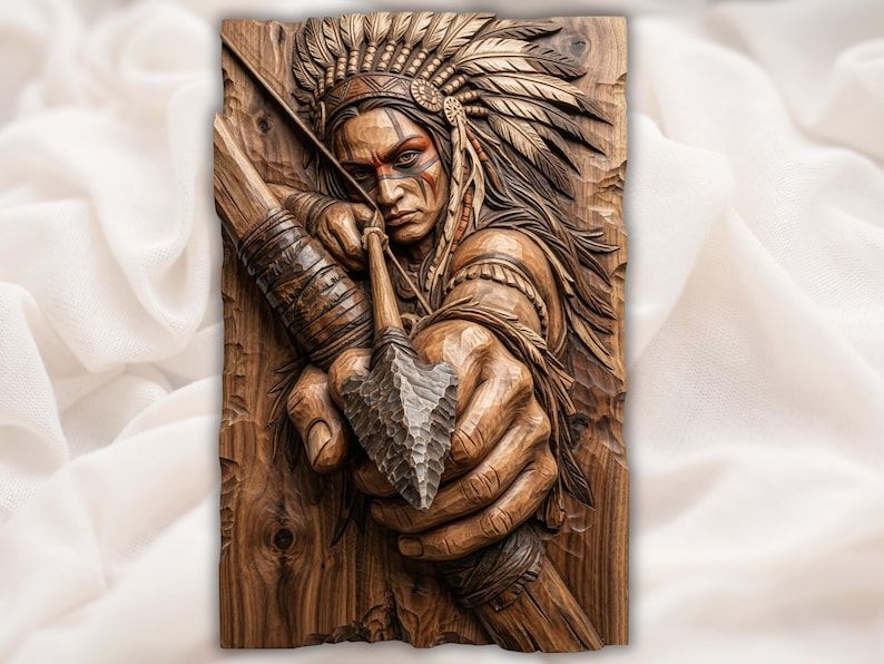 Carved wood relief of a Native warrior in a feather headdress gripping a stone arrowhead and bow