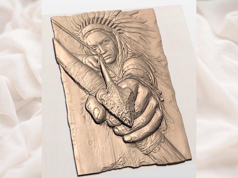 Native Warrior With Drawn Bow and Stone Arrowhead Relief STL bas-relief STL — view 2