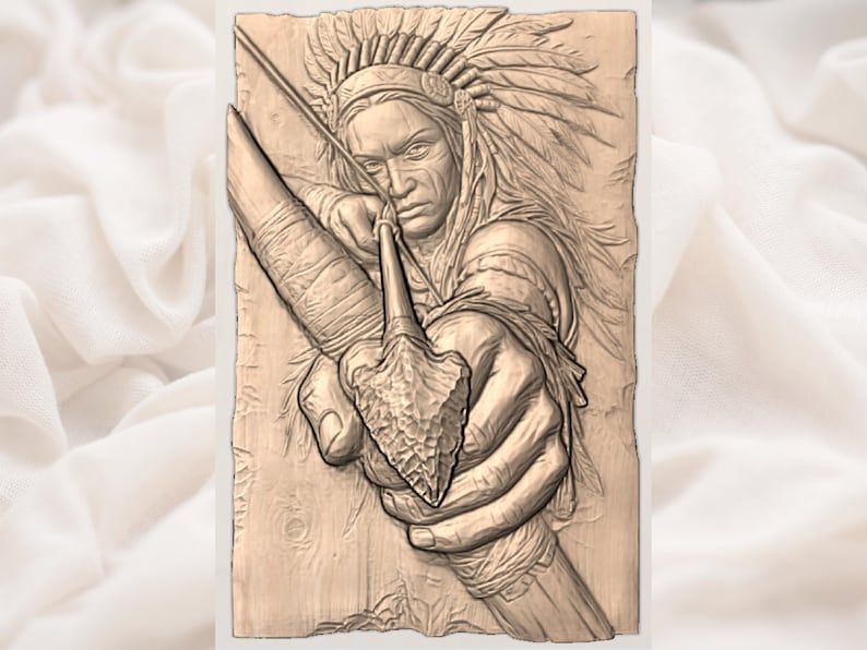 Native Warrior With Drawn Bow and Stone Arrowhead Relief STL bas-relief STL — view 3