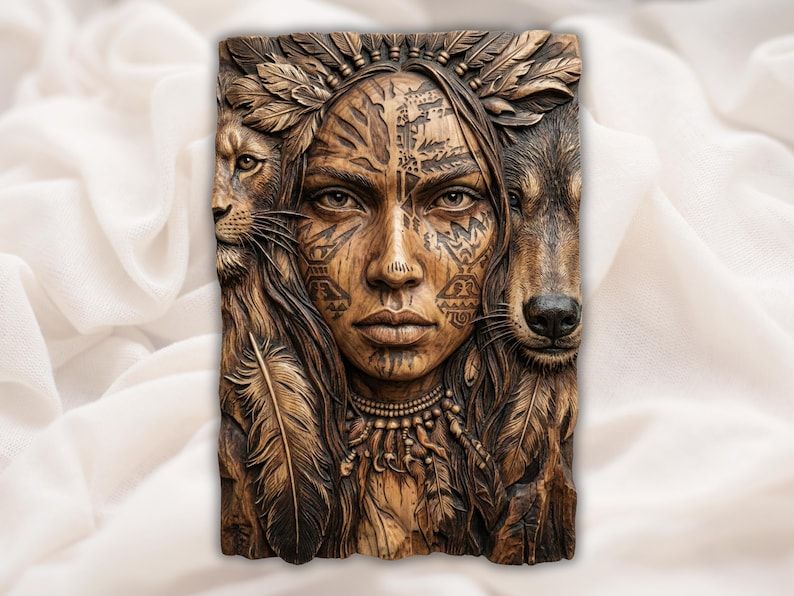 Carved relief of a tribal woman with painted face and feathers, a lion on her left and a wolf on her right.