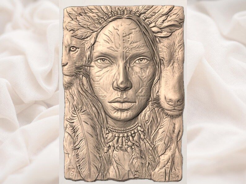 Tribal Warrior Woman with Wolf and Lion Bas-Relief STL bas-relief STL — view 2