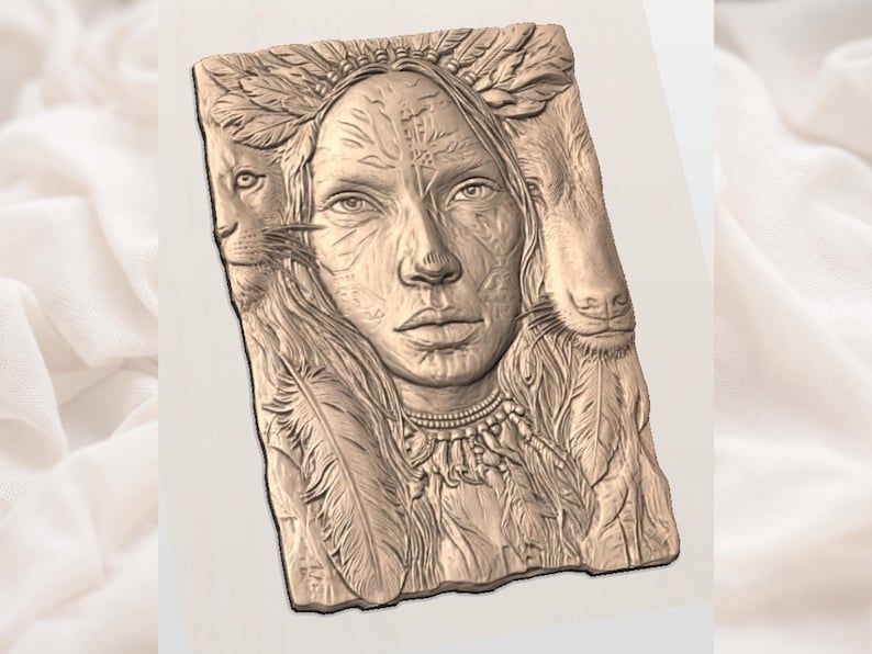 Tribal Warrior Woman with Wolf and Lion Bas-Relief STL bas-relief STL — view 3