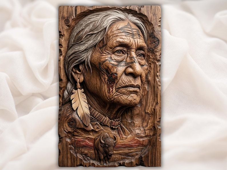 Bas-relief wood carving of an elderly Native American woman with feather earring, beaded necklace, and a buffalo below.