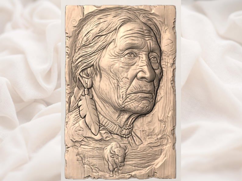 Native Elder Woman Portrait with Feather and Buffalo Bas-Relief STL bas-relief STL — view 2