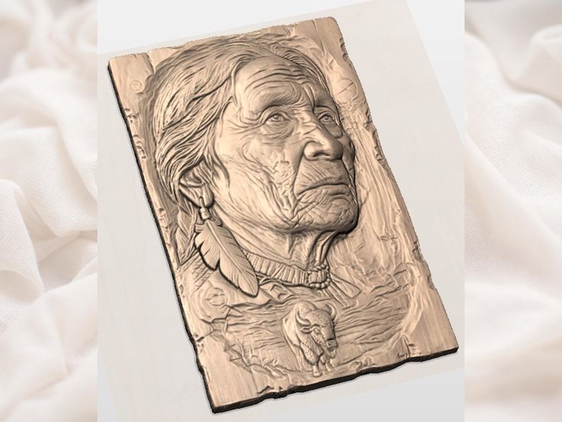 Native Elder Woman Portrait with Feather and Buffalo Bas-Relief STL bas-relief STL — view 3