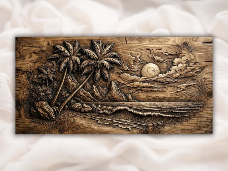 Carved wood relief of two palm trees, rocky coast, breaking ocean wave, and setting sun over clouds.