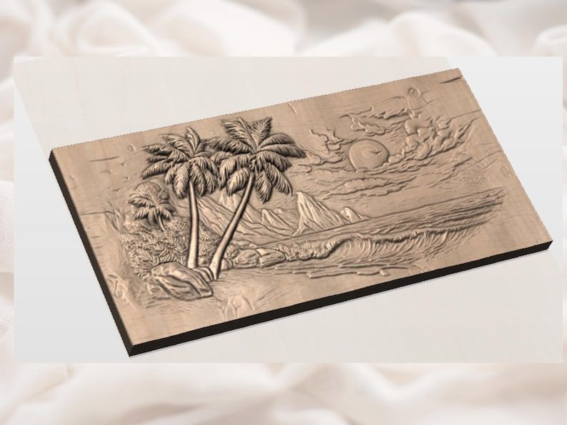 Tropical Beach Palm Trees and Breaking Wave Relief STL bas-relief STL — view 2