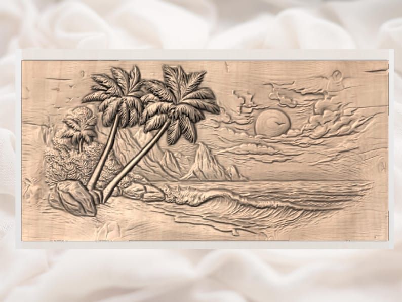 Tropical Beach Palm Trees and Breaking Wave Relief STL bas-relief STL — view 3