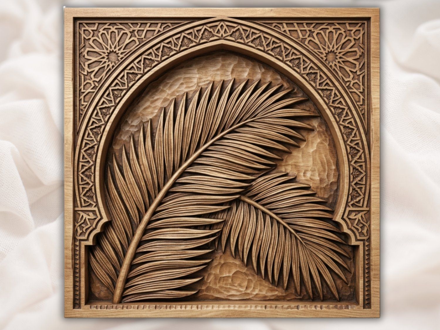 Tropical Palm Leaf Archway CNC Relief STL | Islamic Geometric Wall Art Panel | Moorish Decor Wood Carving Design — carved bas relief STL file for CNC