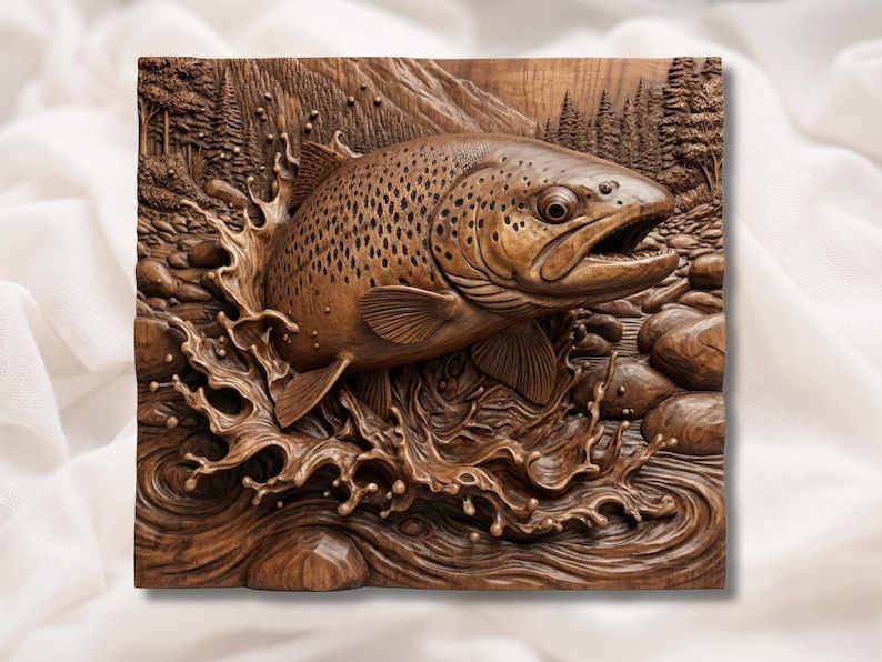 Carved wood bas-relief of a brown trout leaping and splashing through a river with pine trees and rocks
