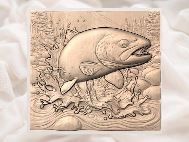 Jumping Brown Trout Splashing Through River Rapids Relief STL bas-relief STL — view 2