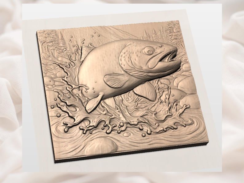 Jumping Brown Trout Splashing Through River Rapids Relief STL bas-relief STL — view 3