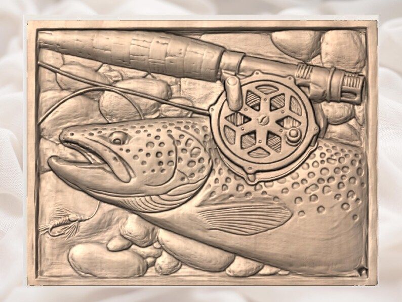 Brown Trout, Fly Reel and Mayfly Riverbed Relief STL bas-relief STL — view 2