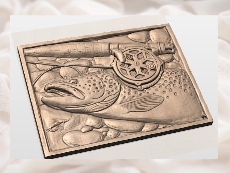 Brown Trout, Fly Reel and Mayfly Riverbed Relief STL bas-relief STL — view 3