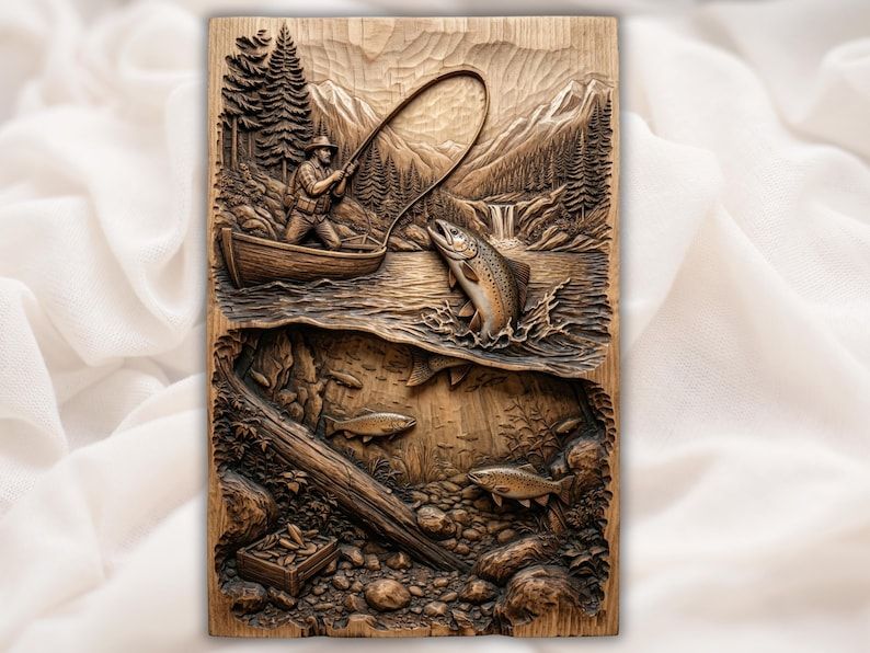 Carved wood relief of a fly fisherman in a boat hooking a leaping trout above water, with trout swimming below