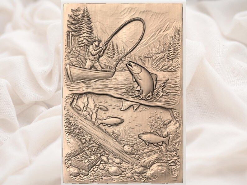 Fly Fisherman and Leaping Trout Above and Below Water Relief bas-relief STL — view 2