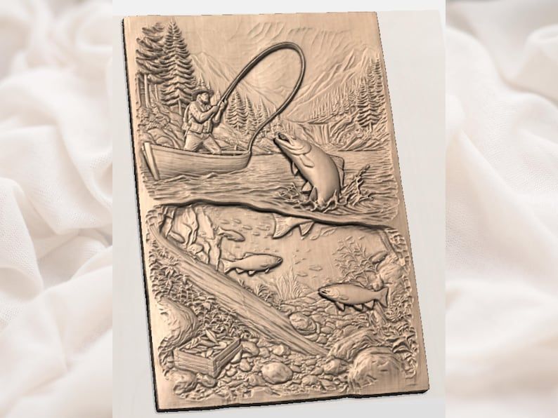 Fly Fisherman and Leaping Trout Above and Below Water Relief bas-relief STL — view 3