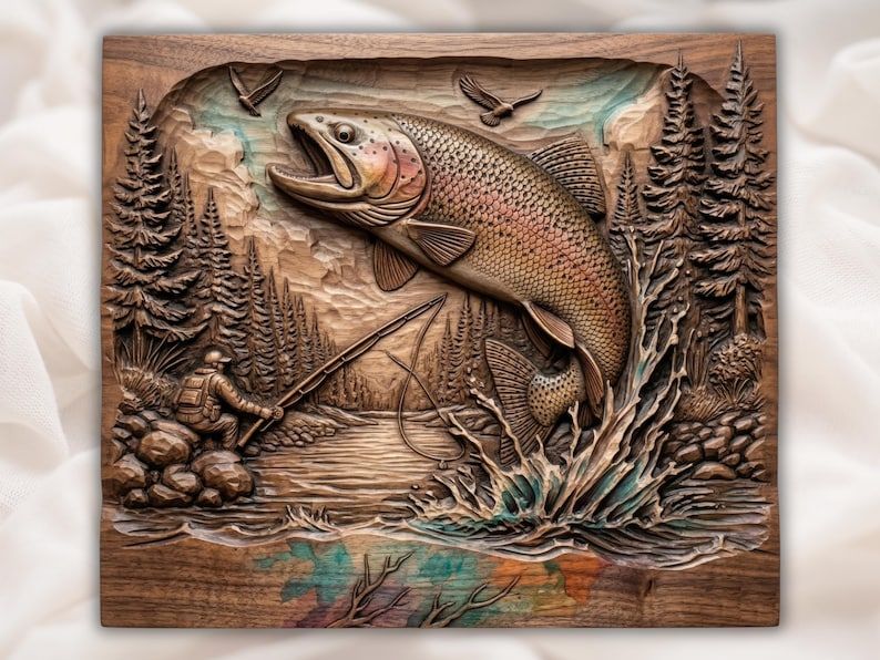 Bas-relief wood carving of a leaping rainbow trout with a fly fisherman, pines, and splashing river water