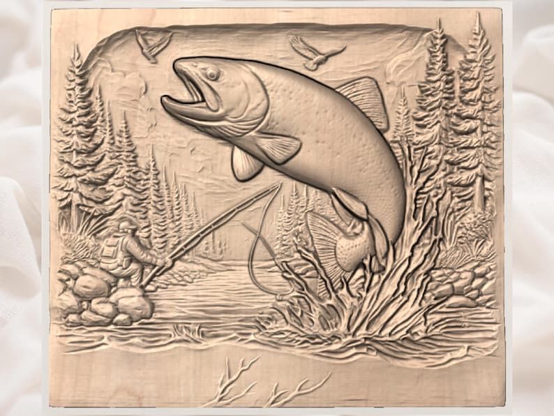 Leaping Rainbow Trout and Fly Fisherman River Scene STL bas-relief STL — view 2