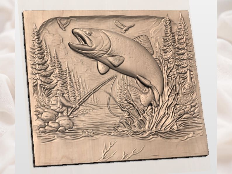 Leaping Rainbow Trout and Fly Fisherman River Scene STL bas-relief STL — view 3