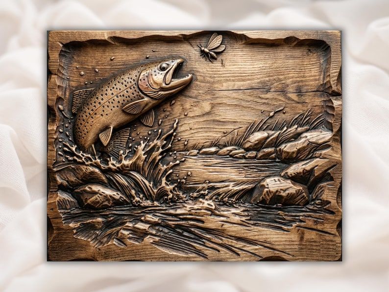 Carved wood relief of a trout leaping from a splashing river with rocks and a fly above the water
