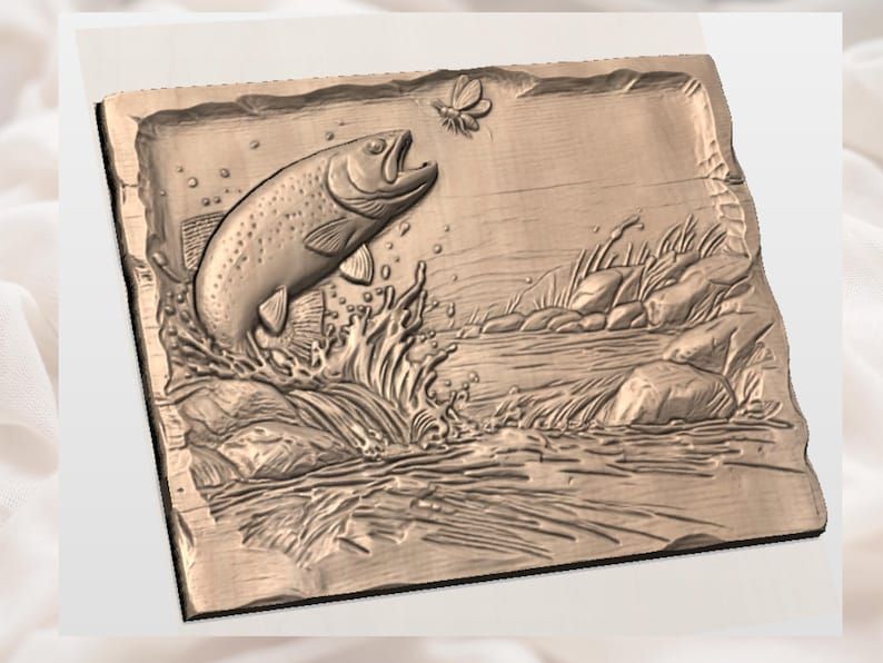 Jumping Trout River Scene Bas-Relief STL for CNC Carving bas-relief STL — view 2