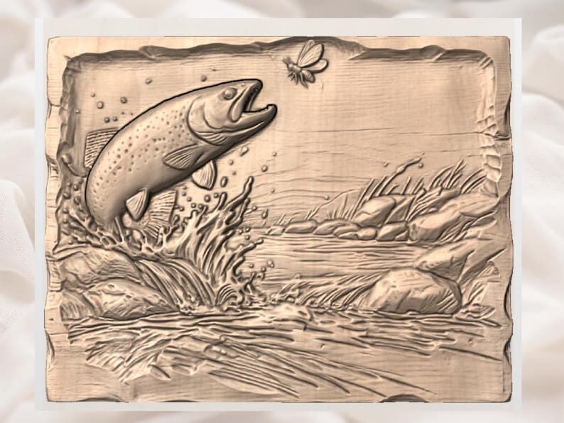 Jumping Trout River Scene Bas-Relief STL for CNC Carving bas-relief STL — view 3