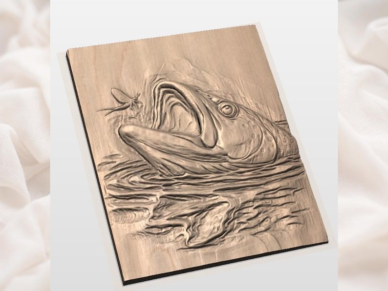 Rising Trout Striking a Mayfly Bas-Relief STL Carving bas-relief STL — view 2