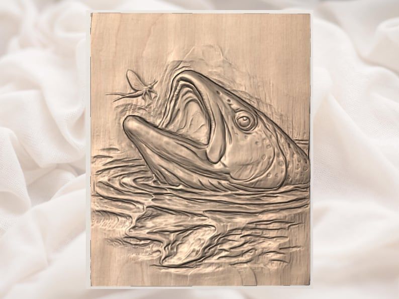 Rising Trout Striking a Mayfly Bas-Relief STL Carving bas-relief STL — view 3