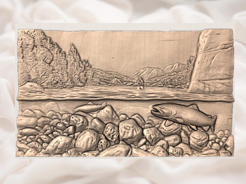 Trout River Cutaway Relief STL, Fly Fisherman and Brown Trout Scene bas-relief STL — view 2