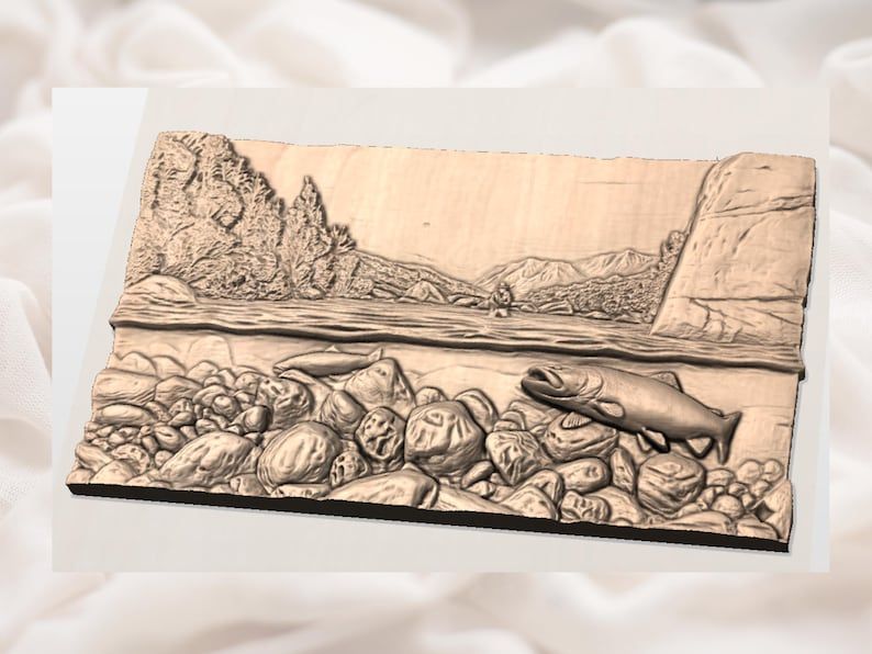 Trout River Cutaway Relief STL, Fly Fisherman and Brown Trout Scene bas-relief STL — view 3