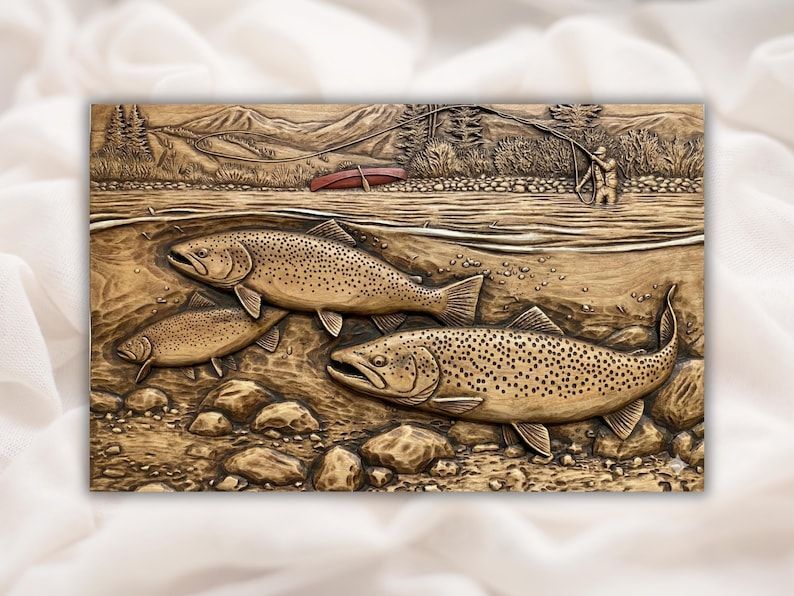 Carved wood relief of three brown trout underwater over rocks with a fly fisherman casting on the river above