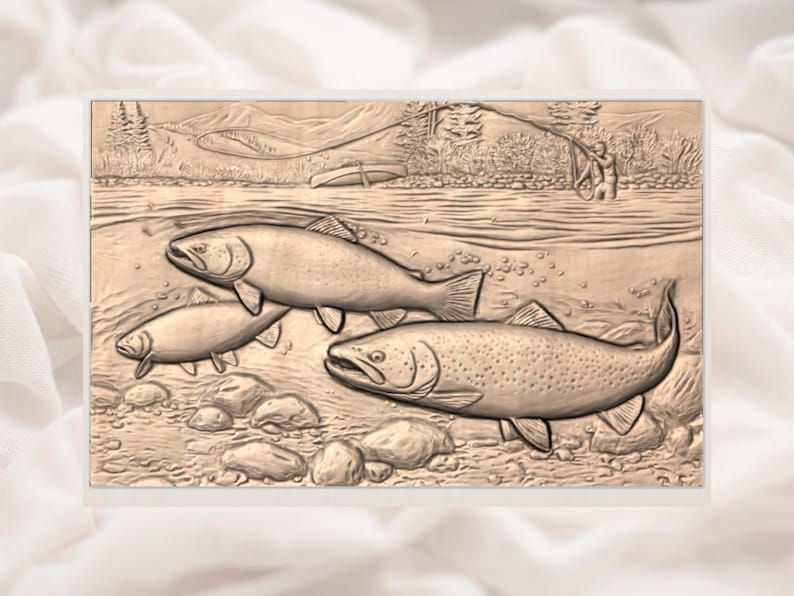 Brown Trout River Cutaway STL with Fly Fisherman Scene bas-relief STL — view 2