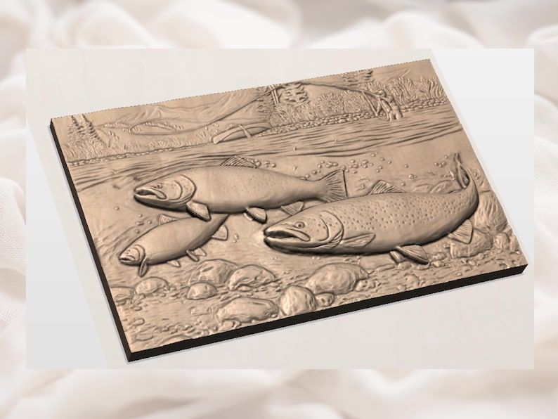 Brown Trout River Cutaway STL with Fly Fisherman Scene bas-relief STL — view 3