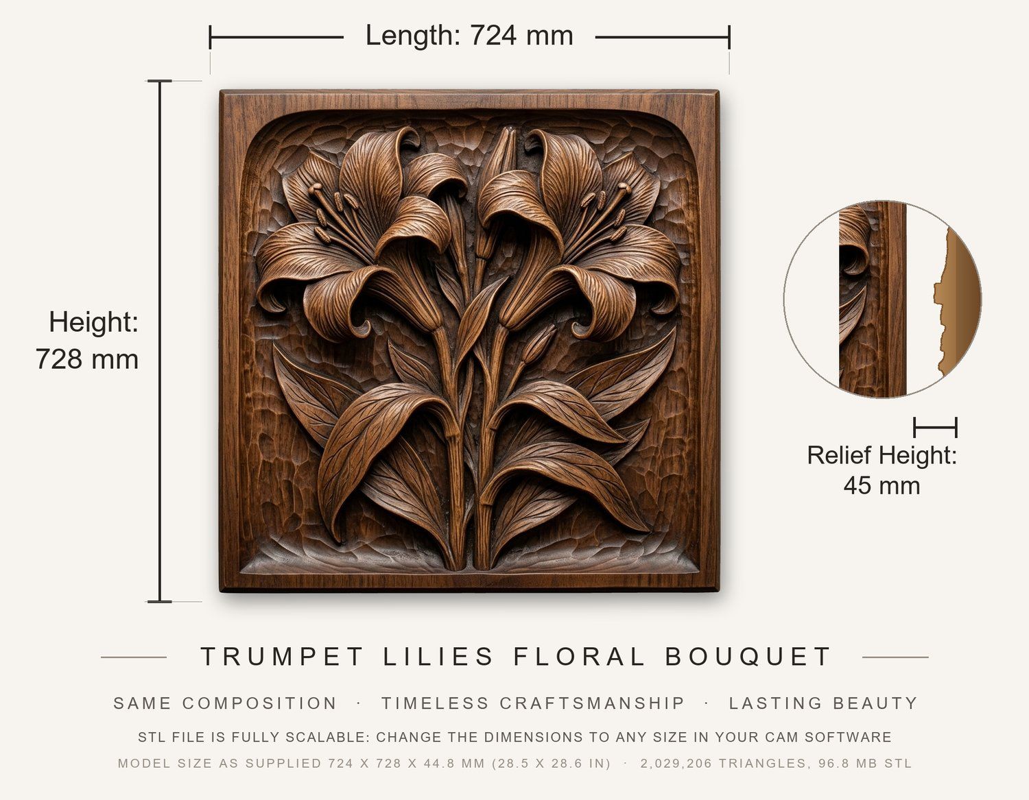 Trumpet Lilies Floral Bouquet CNC Relief STL bas-relief STL — view 3