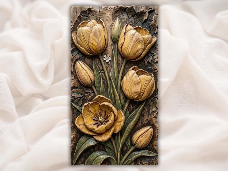 Carved wood bas-relief panel of five tulip flowers with leaves on a textured wood-grain background.